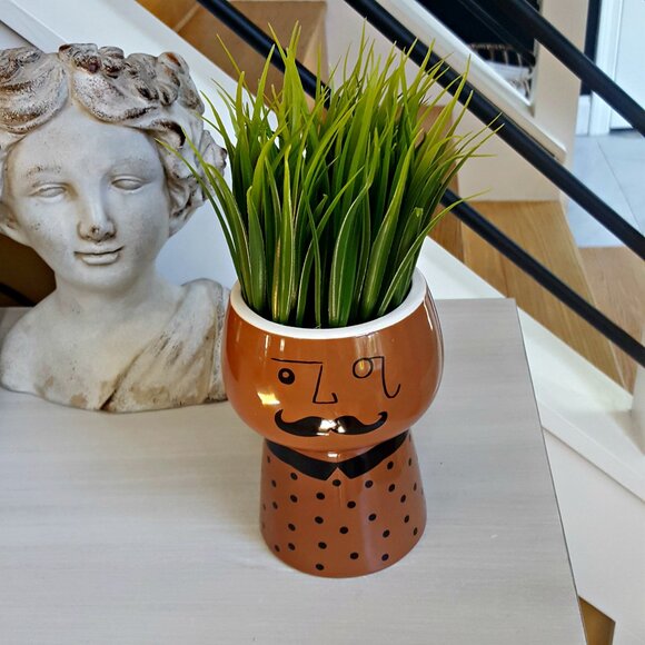 NEW! MOUSTACHE Man FAUX SUCCULENT POTTED PLANT - Picture 1 of 5